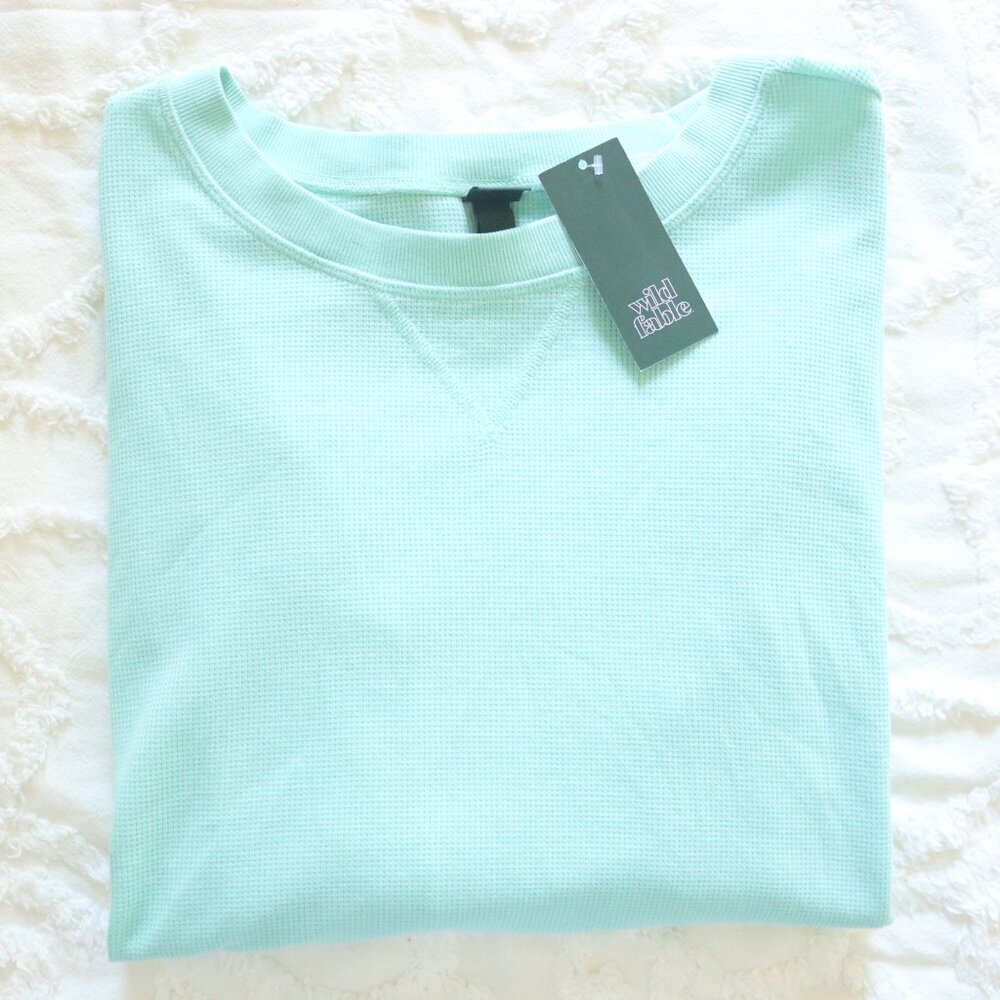 Wild Fable | Waffle Thermal Knit Relaxed Boxy Oversized Long Sleeve Aqua Jersey - Picture 10 of 12